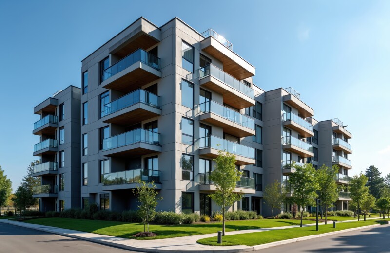 Modern apartment building exterior. Contemporary residential architecture with balconies. Urban housing development with green landscaping. Sunny day, blue sky. Luxury living comfortable community.
